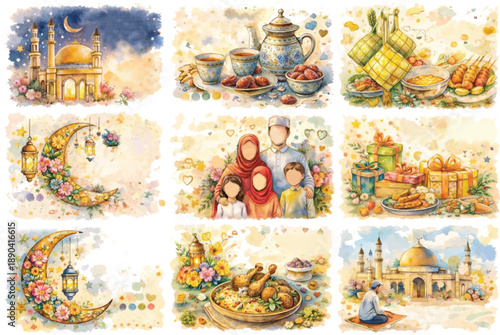 Watercolor Ramadan Eid Collection Mosque Lantern Iftar Family Dates Illustration
