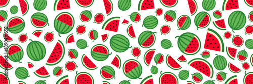 horizontal seamless sliced red watermelon pattern on white.