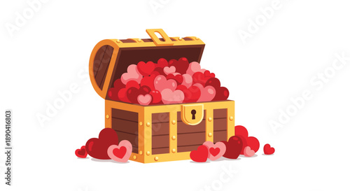 Golden treasure chest filled to the brim with red and pink hearts for Valentines Day and romantic emotions.