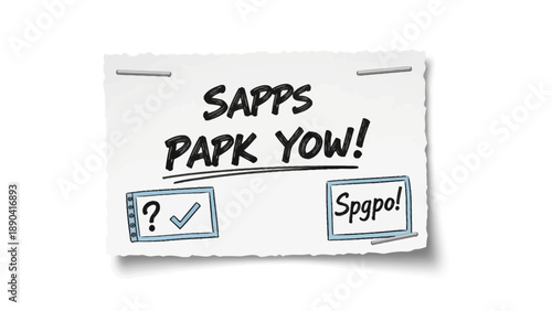 A white paper with SAPPS PAPK YOW written on it, featuring checkboxes and a checked mark, illustrated in a simple graphic style
