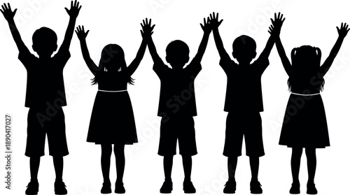 Black silhouettes of happy children standing with arms raised up in celebration isolated on white background vector illustration