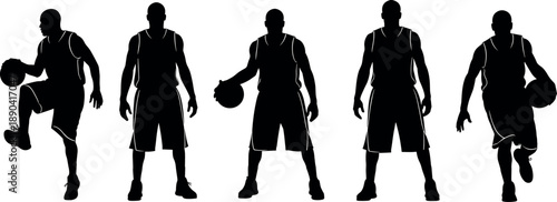 Black silhouettes of male basketball players dribbling and standing in various athletic poses isolated on white background vector