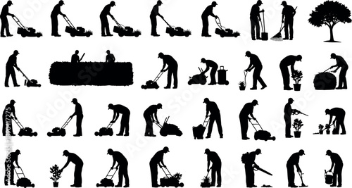 Gardening, silhouettes, set, landscaper, mowing, lawn, trimming, hedge, rake, worker, gardener, equipment, tools, maintenance, service, backyard, vector, professional