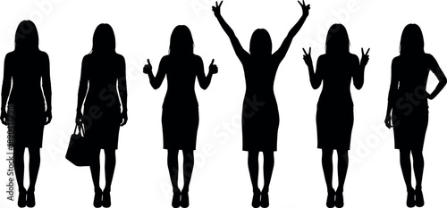 Silhouette set of a woman in a dress showing various poses including success, victory, thumbs up, and standing.
