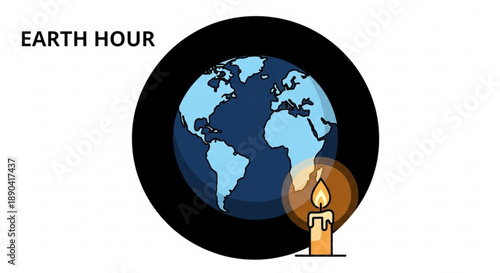 Earth hour icon with globe and candle in black circle