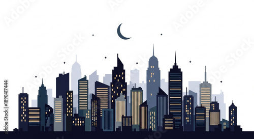 City skyline at night with illuminated skyscrapers and crescent moon