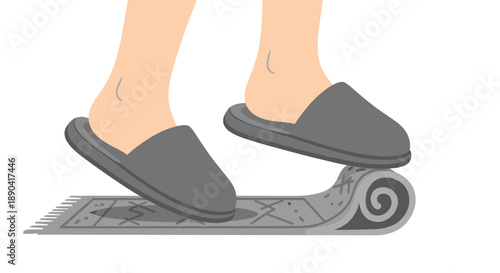 Person wearing comfortable gray slippers walking on a patterned rug at home for a cozy domestic lifestyle.