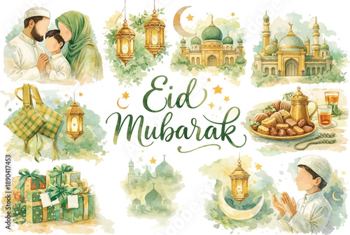 Watercolor Eid Mubarak Collection Mosque Lantern Family Prayer Dates Illustration