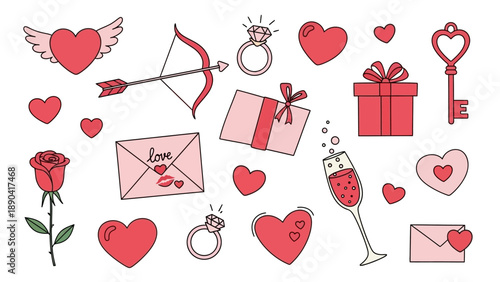 Valentine's Day illustrations collection featuring hearts, roses, and romantic symbols, showcasing love and affection in a celebratory atmosphere