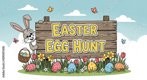 Easter bunny holds basket near wooden easter egg hunt sign with flowers and colorful eggs