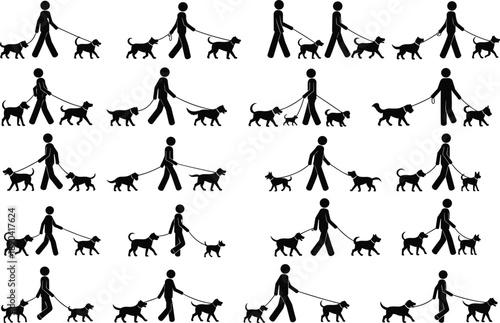 Large collection of professional dog walker silhouettes with multiple pets on leashes, various breeds walking sets, cad drawing flat vector illustration, isolated white