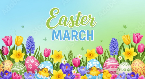 Easter march colorful flowers and eggs with chicks spring