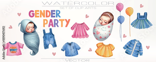 Baby shoes, rattles, and bows. Soft pastel watercolor illustrations.