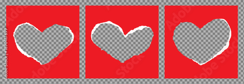 Set of realistic torn piece, cut out sheet of paper in the shape of heart. Frame, text box for Valentine's day for banner, flayer, collage. Empty  template for wedding. Flat vector EPS