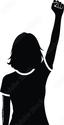 Silhouette of a powerful woman raising a clenched fist in protest for human rights, female empowerment, and social justice activism, isolated on a white background for easy design.