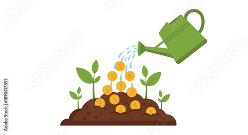Investment growth concept with a watering can nourishing small plants and gold coins in dark soil on white.