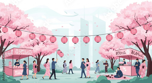 People enjoying cherry blossom festival with food stalls and pink lanterns in city park