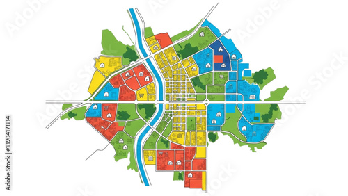 Detailed Aerial View of a Modern City Master Plan with Distinct Zones for Residential, Commercial, and Green Development and Infrastructure Layout