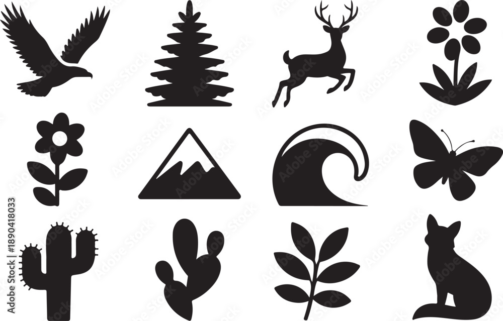 Fototapeta premium Diverse collection of black silhouettes of nature elements and animals on a white background Keywords: nature, animal, silhouette, eagle, tree, deer, flower, mountain, wave, butterfly, cactus, fox