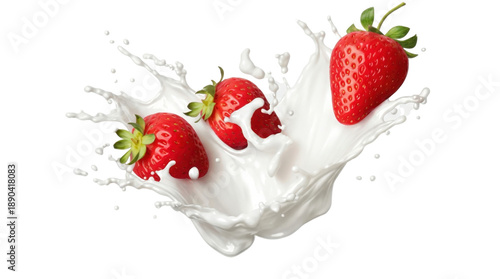 A splash of strawberry milk with three strawberries floating in it