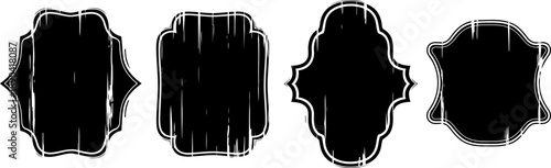 Four vintage distressed black ornamental label frames with grunge texture and ornate edges