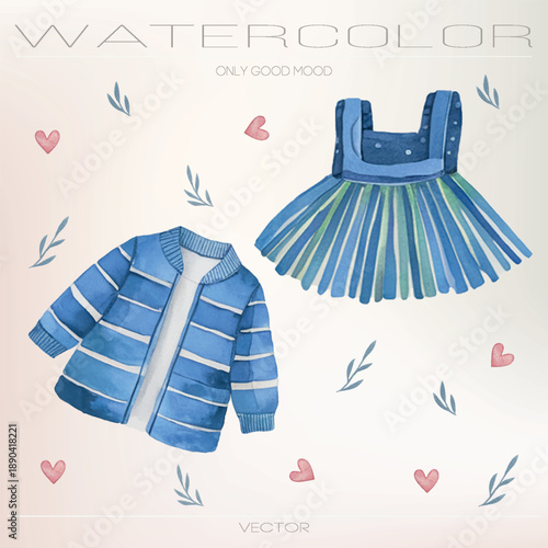 Gender reveal party decorations. Tiny baby outfits and confetti.