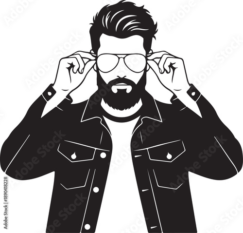 A stylish bearded man adjusting his trendy aviator sunglasses, exuding cool confidence
