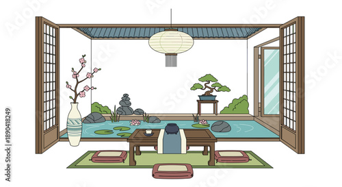 Authentic Japanese living space with a floor table and view of a garden pond with koi and stone lanterns.
