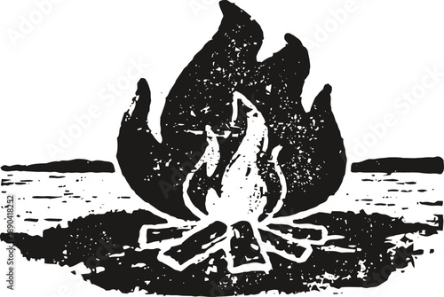Black and white illustration of a campfire burning logs on the ground outdoors