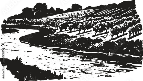 Riverside landscape with trees and rolling hills, natural countryside scenery illustration