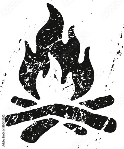 Grunge campfire icon with flames and logs, rustic outdoor fire symbol, vintage nature camping illustration