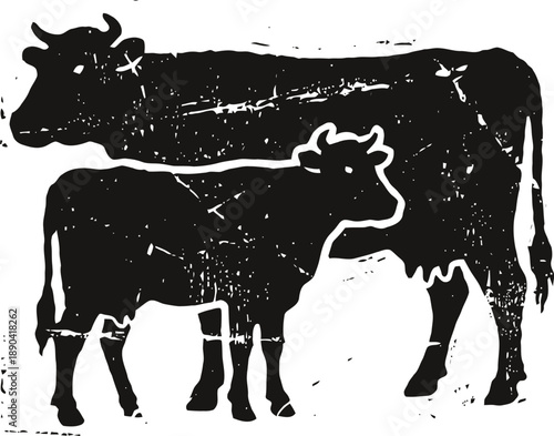 Black and white silhouette illustration of adult cow and calf standing side by side with textured rustic