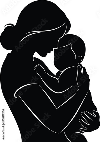 Beautiful black silhouette of a mother holding her newborn baby in a tender embrace, symbolizing motherhood, maternal love, and infant care for family health and parenting designs.