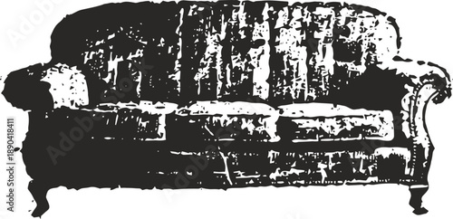 Vintage worn out sofa silhouette, distressed classic armchair with textured upholstery and wooden legs