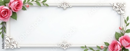 Elegant white square frame with ornate floral border , scroll, decor