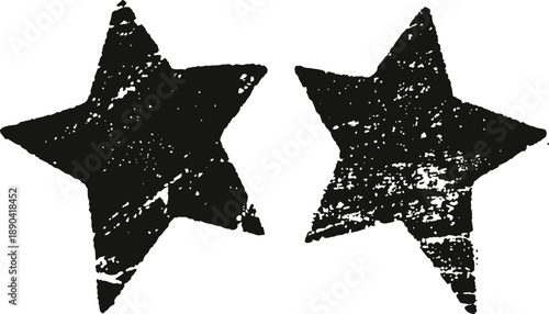 Two distressed black stars with rough texture on white background