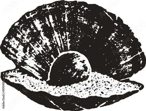 Open oyster shell with pearl inside marine mollusk and precious gem illustration