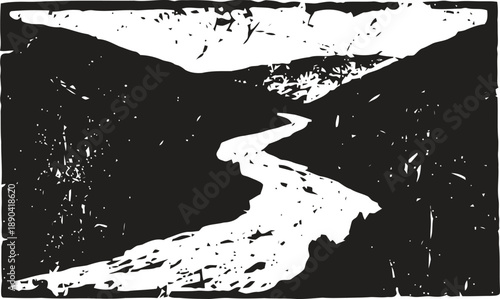 winding river flowing through mountainous landscape in black and white vintage