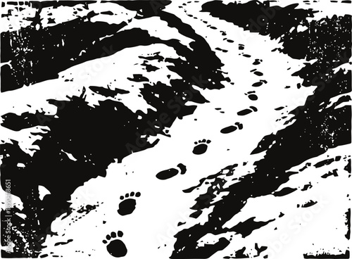 footprints on rocky snowy mountain trail outdoor hiking path with visible steps through winter terrain