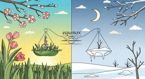 Seasonal change illustration equinox concept with spring and winter scenes