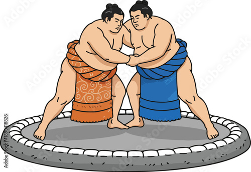 Two sumo wrestlers engage in a traditional grappling match on the dohyo