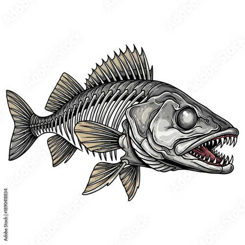 Walleye fish skeleton illustration with sharp teeth and vintage hand drawn style on white background