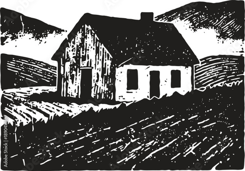 Rustic countryside house with farmland and hills in black and white woodcut