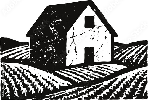 Rustic farmhouse surrounded by cultivated fields vintage woodcut agricultural landscape illustration