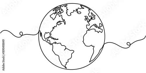 Continuous one line art drawing of earth, Globe, geography vector outline, Single line illustration of world map. 
