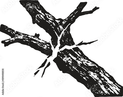 Cross formed by two textured tree branches on a white background, rustic wooden crucifix design