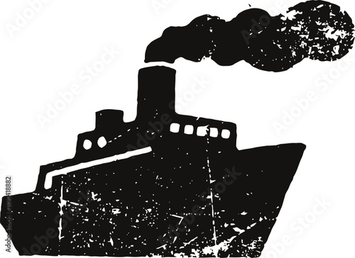 Vintage ship silhouette with smoke stack and textured distressed effect