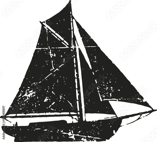 Vintage sailboat silhouette with textured black sail and hull on white background