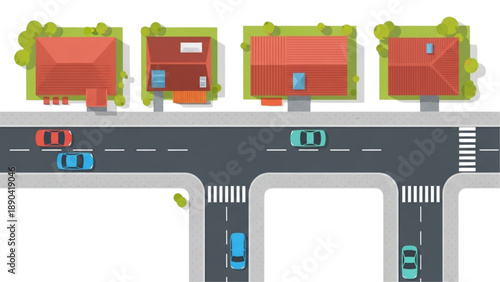 Aerial view of a suburban street with houses, cars, and pedestrian crossings