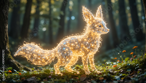 A glowing, illuminated fox sculpture stands in a serene forest surrounded by trees and flowers.